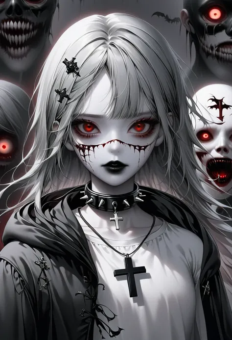 1 girl, black collar,  gothic, zombie atmosphere, black lips, collar, collar, cross, cross necklace, gray hair, hair accessories...