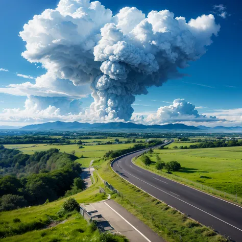 (Super detailed), ((highest quality)), (ultra high resolution,8K), (Highly detailed CG integrated 8k wallpaper), A single road across a beautiful, vast plain, Lush, flower, earth, horizon, cumulonimbus, Blue sky