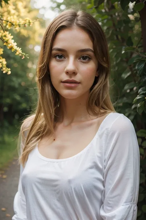 realistic photos of blonde european women in mid 30s, in nature during spring, positive vibes, Shoulder-length hair, thin makeup, clothed properly with a jacket, clear facial features, 8K high resolution, sharp and realistic details.from outside, , f/4.0, ...