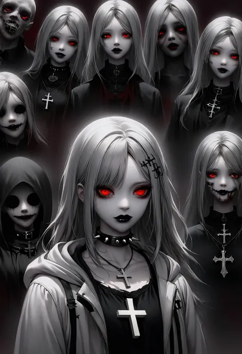 1 girl, black collar,  Gothic, zombie atmosphere, black lips, collar, collar, cross, cross necklace, gray hair, hair accessories, hairpin, have, hood, inverted cross, Jacket, jewelry, lipstick, looking at the audience, cosmetic, Medium long hair, necklace,...