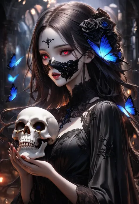 In a gothic art style, depict a  wearing a mask. She is wearing a lace long dress and holding a skull bone in her hands. The atmosphere is eerie and terrifying, with burning butterflies flying around. There is also a thorn-covered rose nearby. The girl has...