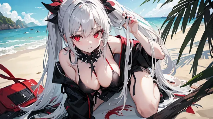 Long gray hair,blood red eyes,Necklace with cross,Wearing a black and white goth bikini,beach,beach球,Woman on top position