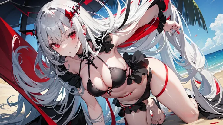 Long gray hair,blood red eyes,Necklace with cross,Wearing a black and white goth bikini,beach,beach球,Woman on top position