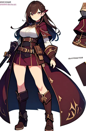 (((Best Quality))) , ((full body)), adult female, high fantasy outfit, reference sheet, solo, (white background), holding weapon, belt, violet, brown, white, maroon,
