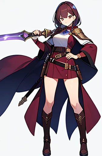 (((Best Quality))) , ((full body)), adult female, high fantasy outfit, solo, (white background), holding weapon, belt, violet, brown, white, maroon, blue, stand posture,
