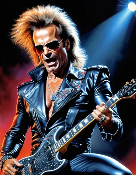 A (waist up:1.2) cinematic photorealistic color digital painting of David Lee Roth as the Terminator with the (80s heavy metal rock star hair style:1.2) jump in stage, detailed face, insanely detailed and intricate, crisp sharp and clear, volumetric lighti...