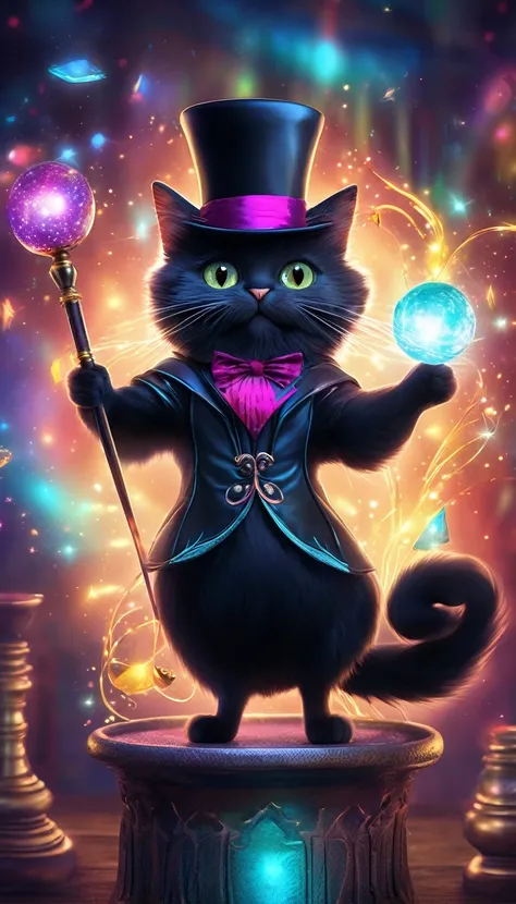 (best quality,4K,8K,high resolution,masterpiece:1.2),Super detailed,(actual,photoactual,photo-actual:1.37),a whimsical illustration,Black Cat as Magician,put on top hat,holding a magic wand,rotate,colorful spell,Enchantment