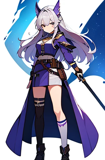 (((Best Quality))) , ((full body)), adult female, high fantasy outfit, solo, (white background), holding weapon, belt, violet,  white, blue, stand posture,
