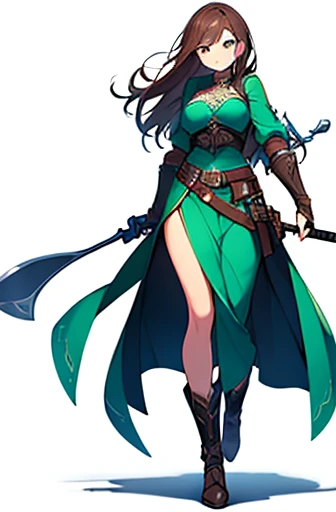 (((Best Quality))) , ((full body)), adult female, high fantasy outfit, solo, (white background), holding weapon, belt, green, white, blue, stand posture,
