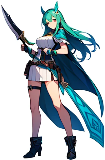 (((Best Quality))) , ((full body)), adult female, high fantasy outfit, solo, (white background), holding weapon, belt, green, white, blue, stand posture,
