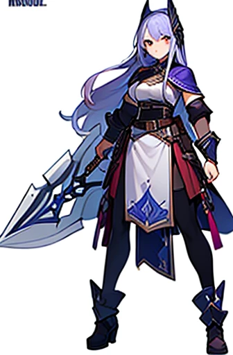 (((Best Quality))) , ((full body)), adult female, high fantasy outfit, solo, (white background), holding weapon, belt, violet, white, blue, stand posture,
