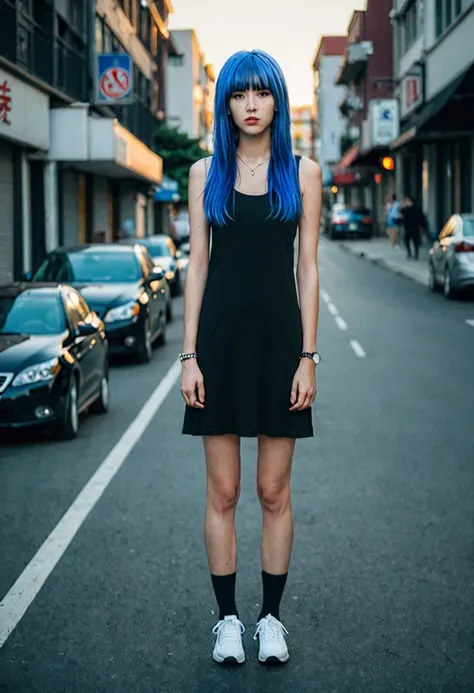 blue hair。straight hair。She is wearing a tight black dress。Best Anamorphic Lens Photography。Women with freckles。In the background, the setting sun shines on her hair.。background is blurry。fashionable。I&#39;m wearing Air Force Nike sneakers.。Standing and sh...