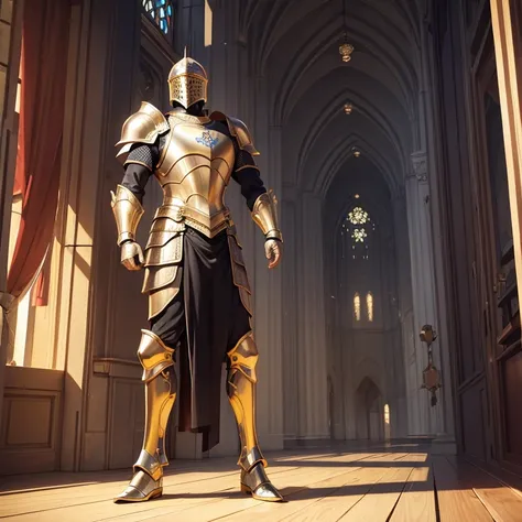  Modern Heavily armored knight, masterpiece, medieval, detailed armor, fantastic armor, golden armor, in a mosque, amazing and unique sword in his hand, full body, solo, 