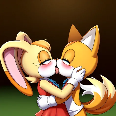 Tails the fox kissing Cream the rabbit but make them look older while kissing passionately with tongue, both of them blushing 