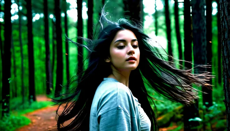 Forest dark background, nature ,real, aesthetic, girl walking , slowly, softly, long hair ,wind blowing, real physics, cinematic, real, Black hair , in Woods, among trees, wondering