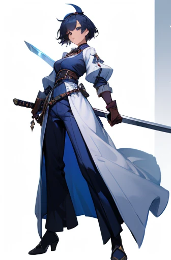 adult female, sword, holding sword, gloves, white background, full body, solo,, fantasy cloth, stand posture, looking at viewer, character design,
