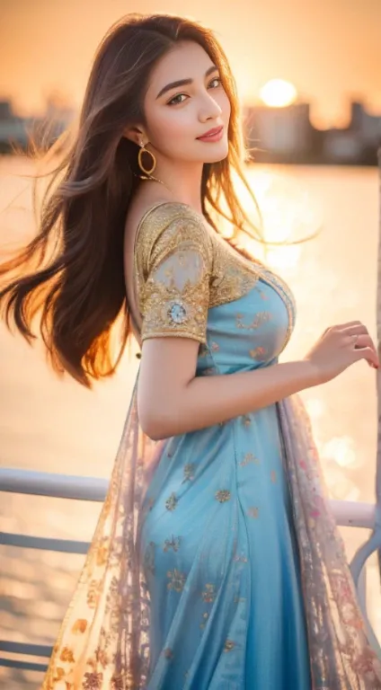 Full body photo, 1 beautiful Asian girl, pink shirt, intricately embroidered shirt, sky blue dress, pure dress color, long hair, wearing jewelry, natural makeup, wearing modern jewelry, makeup gold and gem jewelry, extremely detailed eyes and face, lovely ...