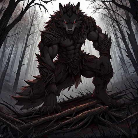 Muscular, strong, black fur, werewolf, blood-red eyes, naked upper body, wild and violent (Background is withered forest dead trees dark night gloomy environment）