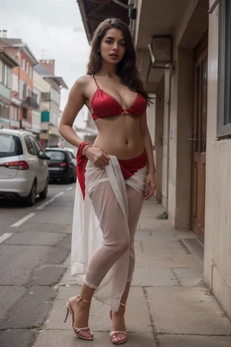 8k photo of boudi, big breast , skin colour British white, height 5.11, wear red saree, high heel