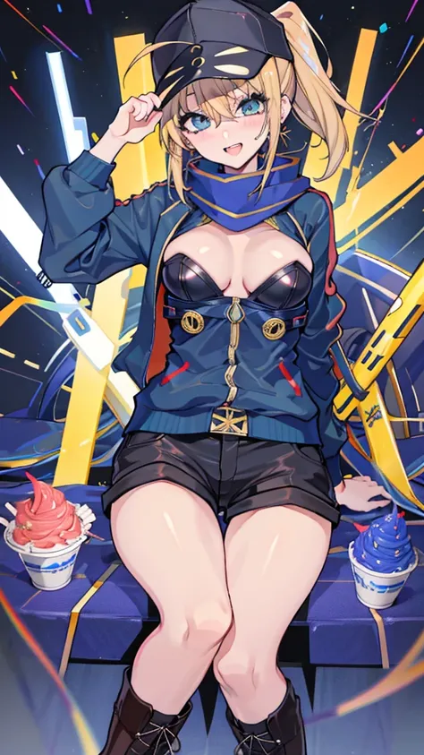 (Very detailed CG), (highest quality), perfect face, shiny skin, Glossy skin, wide hips, tight waist, ソロヒロインXlong sleeve,Hair through a hat,side lock, thighhigs lace-up boots, Cross-lacing footwear, knee boots,short shorts, boots, long hair,black shorts, t...