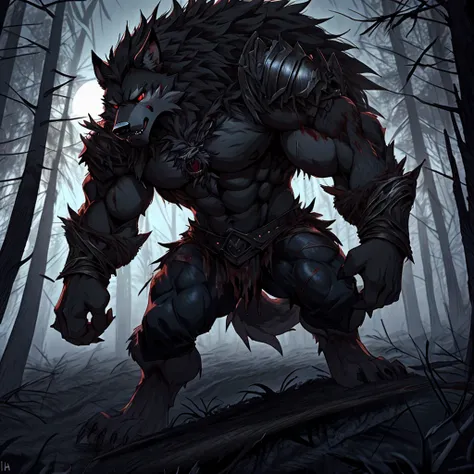 muscular, strong, black fur, werewolf, blood-red eyes, naked upper body, wild and violent (background with withered forest dead ...