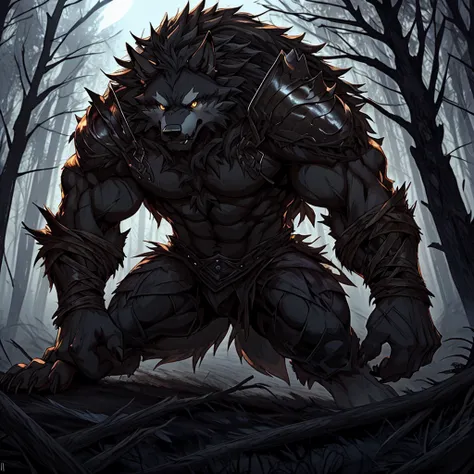 muscular, strong, black fur, werewolf, golden eyes, naked upper body, wild and violent (background with withered forest dead tre...