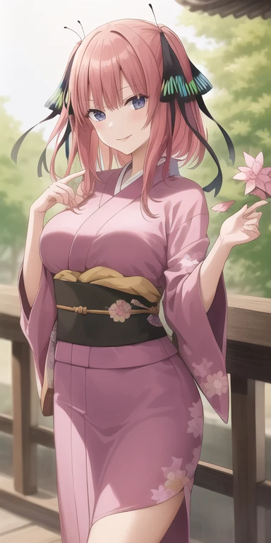 2D, masterpiece, highest quality, anime, very detailed, 1 girl, alone, cowboy shot, nakano nino, pink hair, butterfly hair ornament, kimono, purple kimono, medium breasts, smile, east asian architecture