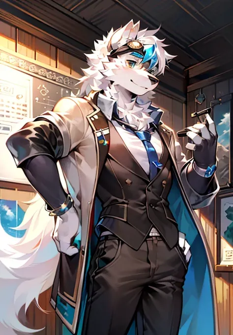 ocean, goggles, Gloves, white wolf，oil paint brush, Board，Brown pattern，slim，Height 186 cm，white casual wear