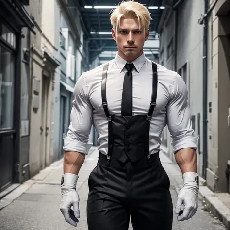 Eagle Street fighter character, white shirt, dark gray pants, black suspender, muscular body, white gloves, blonde short hair, blonde mustache 