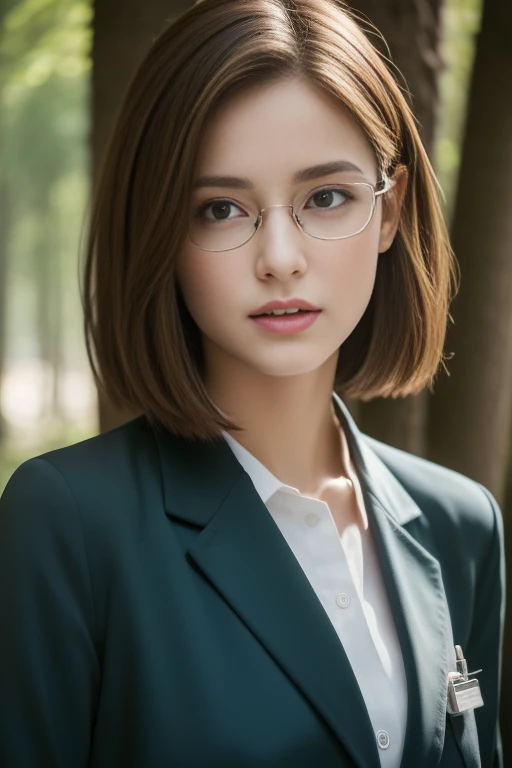 Best Quality, Photorealistic 8K high-resolution illustrations, Beautiful expression of one young woman, The closed mouth is characteristic., Attention to skin details, A rich forest spreads out in the back of the screen, Looking at the viewer longing for a...