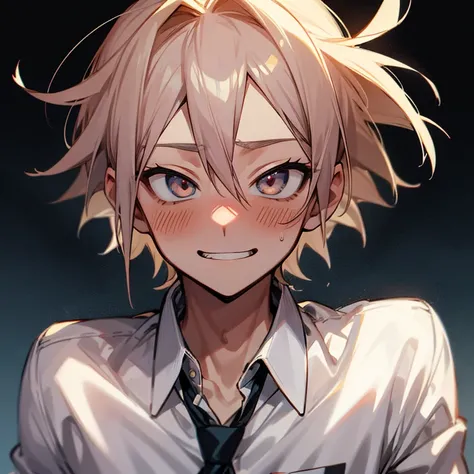 1boy, Denki Kaminari, Horikoshi Artstyle, yandere, strong, accurate, lovesick face, smile, blushing