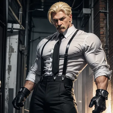 Eagle Street fighter character, age 50, scare on face, white shirt, dark gray pants, black suspender, muscular body, white gloves, blonde short hair, blonde mustache 