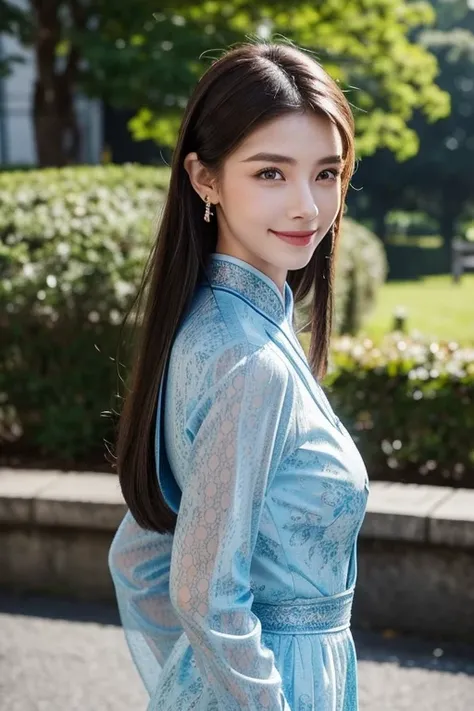 Brunette hair, Slick Back hair, happy face, beauty face, smile, Slim, Thin, Tall, Small Ass, Natural tits, Picture take entire-body, Blue Eyes, Oval Face, Earrings, Park, Walking, Wearing a lacy Cheongsam, Viewed from distance, Mary Jane shoes, Show out en...