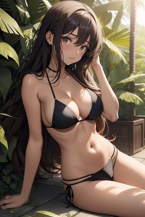 A tanned-skinned anime girl lies down on the ground, her stomach twisted in pain as she clutches it with one hand. Her slim figure is dressed in a worn-out bikini top that barely covers her modest chest, and a pair of ripped jeans that hang loosely on her ...