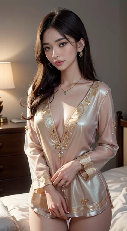 Half body photo, 1 beautiful Asian girl; 
pink shirt, intricately embroidered shirt, unbutton the shirt, shirt buttons made of emeralds;
((no panties, sexy hairy pussy));
long hair,wind blowing through hair;
wearing jewelry, natural makeup, wearing modern ...