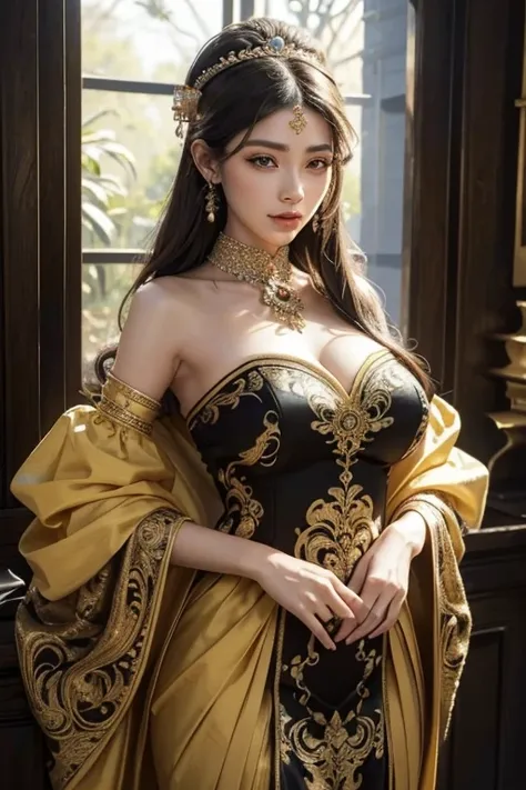 araffe woman with gigantic breast in a yellow and black dress with a flower in her hair, traditional beauty, wearing an ornate outfit, wearing ornate clothing, ornate , intricate outfit, beautiful oriental woman, beautiful costume, traditional makeup, orna...