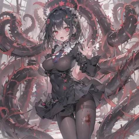 masterpiece, best quality, masterpiece,best quality,official art,extremely detailed CG unity 8k wallpaper, show foot, little girl, solo, kawaii, no_humans, medium hair, black hair, tentacle hair, saliva, blood on face, light blush, red eyes, blood from eye...