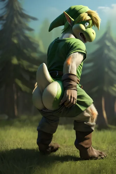 masterpiece, realism, photorealistic, best_quality, 1boy, solo, link, the legend of zelda, tunic, hat, mid transformation, transforming into a green yoshi, tail bursting out of pants, plump thick stumpy tail growing between butt cheeks, view from behind, l...