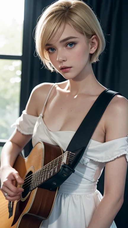 Swedish girl with short blonde hair, bob cut, bang, blue eyes, 14 years old, young, pale skin, wearing a white silk dress, Feeling anxious, sad, sweaty, ultra high resolution, UHD, (realistic:1.4), close, doll-like face, Dramatic lighting in a dark room, p...