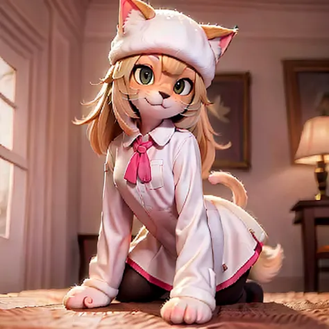 Anthropomorphic animal, white cat, wearing beret, wearing military shirt, wearing miniskirt, showing pussy, skirt lift