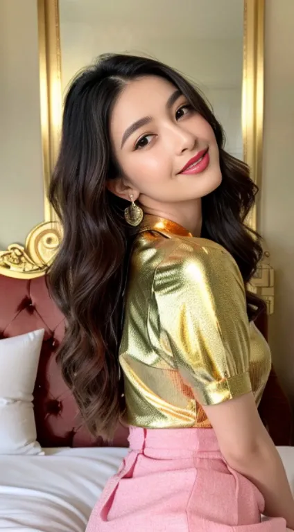 Half body photo, 1 beautiful Asian girl;
pink shirt, intricately embroidered shirt, unbutton the shirt, shirt buttons made of emeralds;
Super short skirt, the back of the skirt wraps around the navel;
long hair,wind blowing through hair;
wearing jewelry, n...