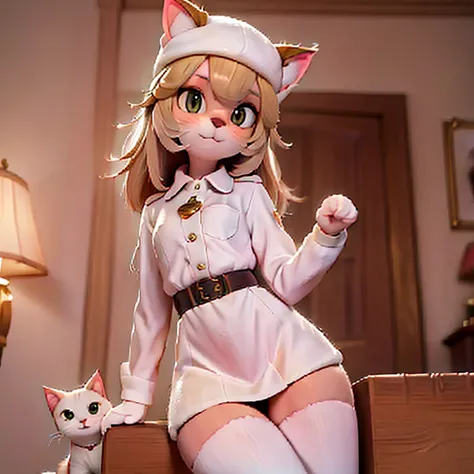 Anthropomorphic animal, white cat, wearing beret, wearing military shirt, wearing miniskirt, showing pussy, skirt lift, nude