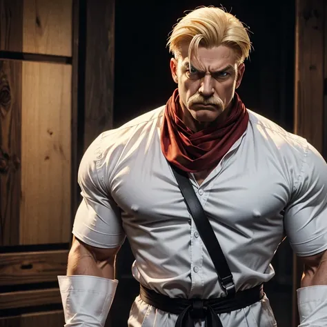 Eagle Street fighter character, age 50, scare on face, white shirt, red mens neckerchief, dark gray pants, black suspender, big muscular body, white gloves, blonde short hair, blonde mustache, very serious face ,two wooden short bow in hands, 