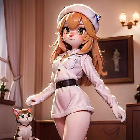 Anthropomorphic animal, white fur, cat, wearing beret, wearing military shirt, wearing miniskirt, showing pussy, skirt lift, nude