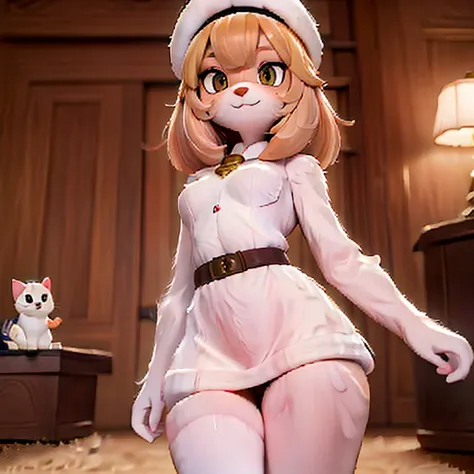 Anthropomorphic animal, white fur, cat, wearing beret, wearing military shirt, wearing miniskirt, showing pussy, skirt lift, nude, naked