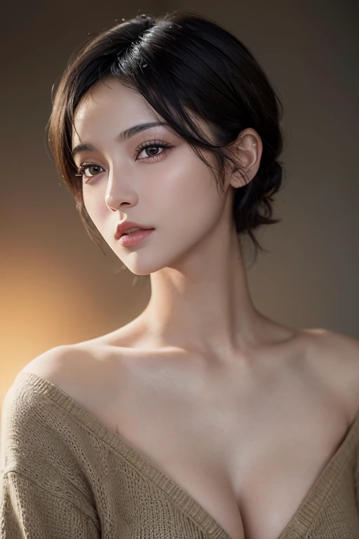 (masterpiece:1.3), (8K, realistic, Raw photo, highest quality: 1.4), (1 girl), beautiful face, (realistic face), (black hair, short hair:1.3), Beautiful Hairstyles, realistic eyes, detailed and beautiful eyes, (realistic skin), beautiful skin, (sweater), d...