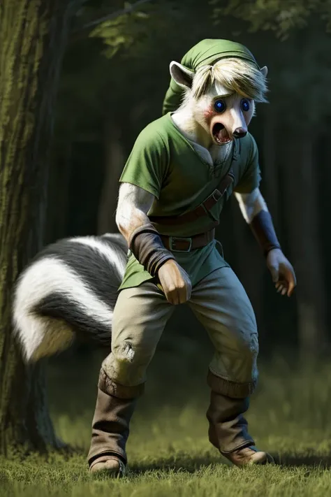 masterpiece, realism, photorealistic, best_quality, 1boy, solo, link, the legend of zelda, tunic, hat, mid transformation, transforming into a feral skunk, tail bursting out of pants, shrinking, ripped pants, view from behind, losing balance, shock, embarr...