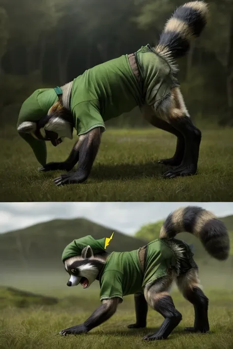 masterpiece, realism, photorealistic, best_quality, 1boy, solo, link, the legend of zelda, tunic, hat, mid transformation, transforming into a feral raccoon, nonmorphic, small, all fours, tail bursting out of pants, shrinking, ripped pants, view from behin...