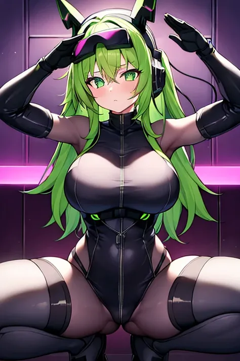 1girl, green hair, vr visors, visord, head-mounted display, mind control, hypnosis, dark persona, covered eyes, bodysuit, black bodysuit, salute, spread legs, squatting, science-fiction, machinery, futuristic, tech, neon, neon trim, large breasts, thick th...