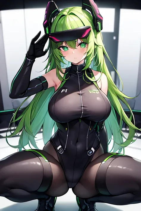 1girl, green hair, vr visors, visord, head-mounted display, mind control, hypnosis, dark persona, covered eyes, bodysuit, black bodysuit, salute, spread legs, squatting, science-fiction, machinery, futuristic, tech, neon, neon trim, large breasts, thick th...